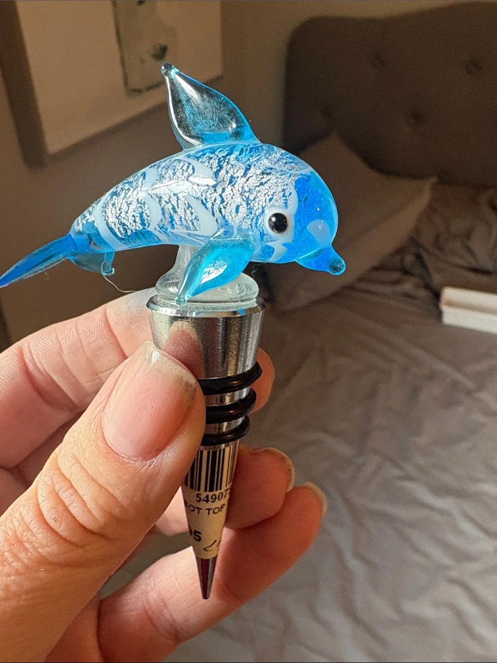 Glass Dolphin and Heart Wine Bottle Stoppers - Blue and Multicolor